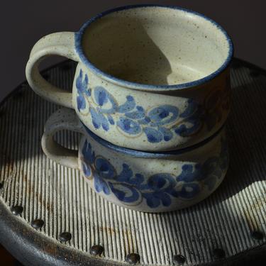 Vintage Handmade Stoneware Soup Mugs | Pair of Farmhouse Style Ceramic Soup Cup Bowls 