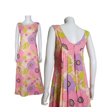 Vintage Floral Mod Maxi Dress, Small / 1960s Pleated Back Dress / Flower Print Flared Sleeveless Summer Dress / Pastel Flower Print Dress 