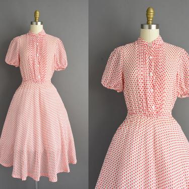 vintage 1950s inspired dress | Red polka dot print white cotton puff sleeve full skirt dress | Small Medium | 1980s dress 