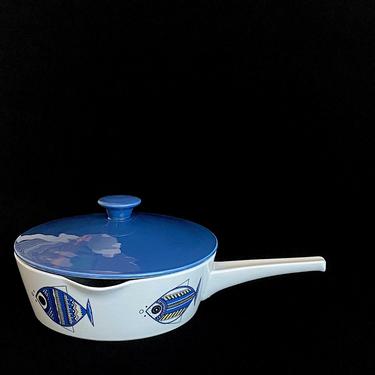Vintage Mid Century Modern Villeroy &amp; Boch VIKING Ceramic Pan Skillet with Blue White and Yellow Fish Design 