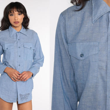 Chambray Button Up Shirt Jean 70s Blue Long Sleeve Hipster Oxford 1970s Cotton Button Down Lightweight Small Medium 