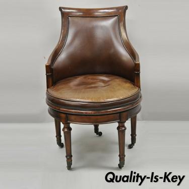 Lillian August Brown Leather Swivel Upholstered Empire Office Desk Vanity Chair