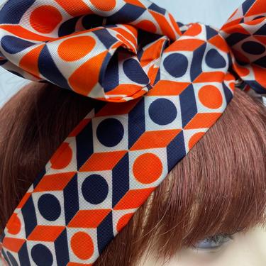 60’s vibrant print~ extra long scarf ~ geometric honeycomb pattern~ vintage nylon  necktie hair wrap~ Mod women’s scarves 