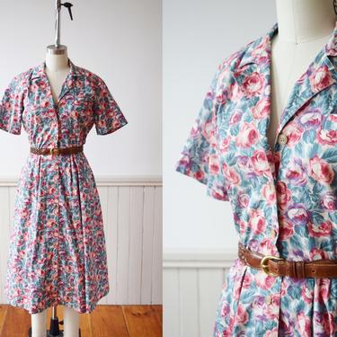 Vintage Floral Print Shirtwaist Dress by Liz Claiborne | 1980s Rose Cotton Dress | S P 
