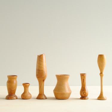 Vintage Set of 6 Tiny Hand Turned Wood Vases, Handmade Wood Vessels 