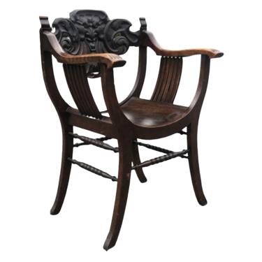 Free Shipping Within US - Carved North Wind Face Savonarola Chair Mahogany Wood Early 1900s 