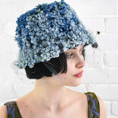 1960s Blue Floral Bucket Hat | 60s Bluebells High Crown Hat |  Pinehurst N.Y. 
