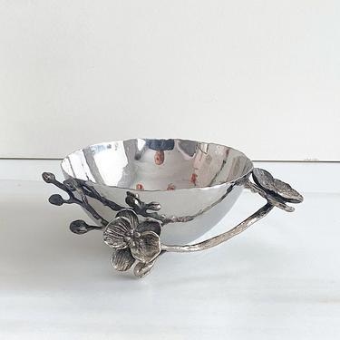 Vintage Michael Aram Nickel Plated White Orchid Floral Design Nut Bowl with Floral Design 