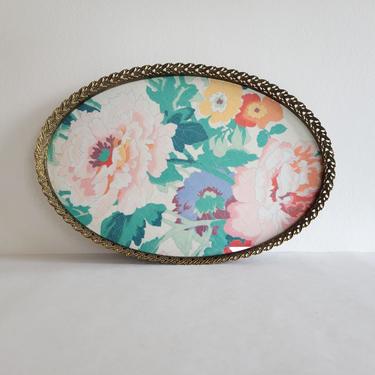 Vintage Brass Vanity Tray, Scroll Embossed Frame with Floral Fabric Under Glass 