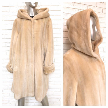 Womens Vintage Cream Beige Faux Fur Jacket Coat with Hood XL Plus Size Winter Coat 
