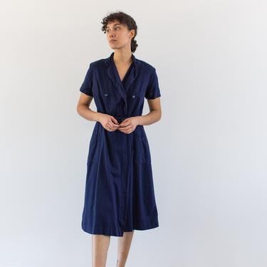 Vintage Navy Blue Short Sleeve Wrap Dress Smock | Overdye Crossover 60s Smock | XS S | 