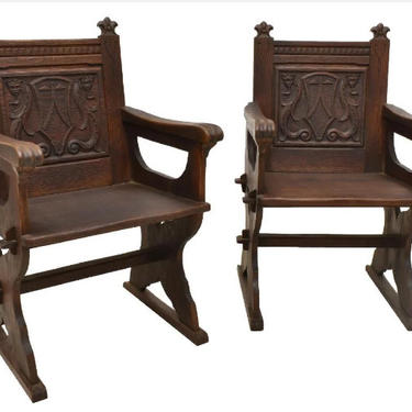Antique American Renaissance Revival Carved Oak Armchair / Chair - a Pair 