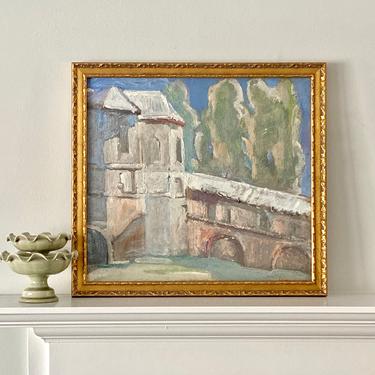 Vintage Impressionist Oil Painting Fortress Castle Bridge Original Signed 