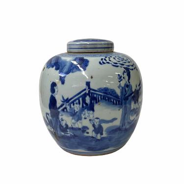 Oriental Hand-paint People Scenery Graphic Blue White Porcelain Ginger Jar ws1706E 