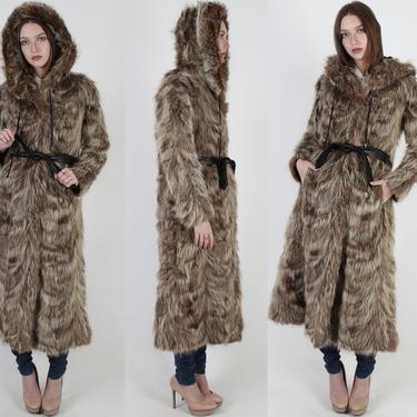 Real Raccoon Fur Hood Jacket / Authentic Shaggy Raccoon Apres Ski Coat / Vintage 70s Large Deep Hooded Full Length Parka 