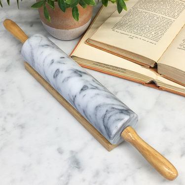 Vintage Rolling Pin Retro 1980s Marble and Wood + Baking + Pastry and Cookware + White + Gray + Stone + Wood Base + Kitchen Decor + Tool 