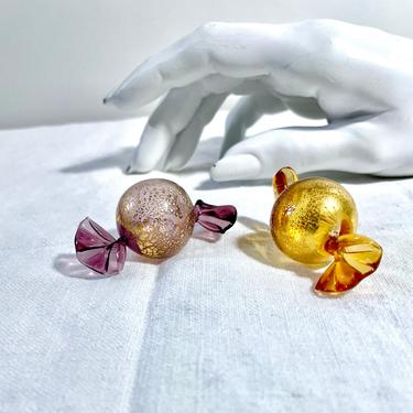 Pair of Large Vintage, Murano Italy, Blown Glass Faux Candies - 24 karat Gold Metallic Foil on Amethyst Purple and Amber Yellow, Handmade 