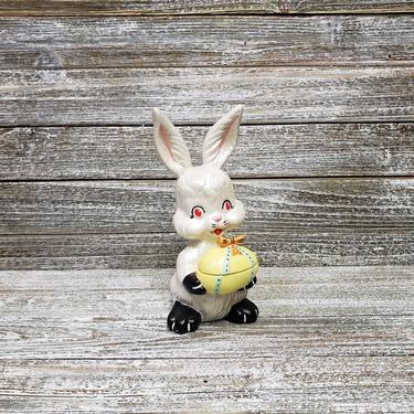 Vintage White Easter Bunny, 1980s Ceramic Rabbit, Bunny Rabbit Holding Decorated Egg, Spring Home Decor, Easter Decorations, Vintage Holiday 
