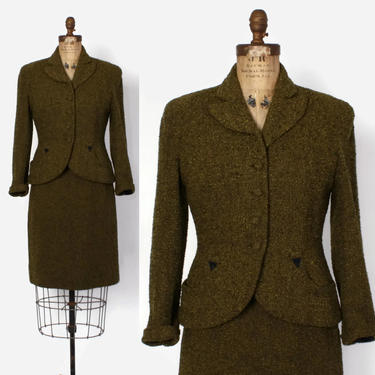 Vintage 50s Green Tweed Suit / 1950s Black &amp; Olive Wool Tailored Blazer Jacket and Pencil Skirt 
