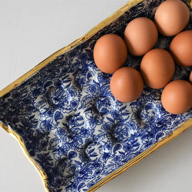 Blue and gold ceramic egg tray, egg crate, handmade pottery, housewarming gift, unique handmade gift, egg crate, deviled egg tray 