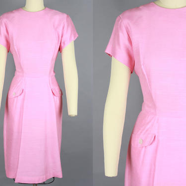 1960s Pink Dress | Vintage 60s Slubbed Fabric Short Sleeve Dress | medium 