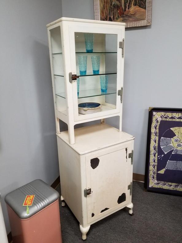 Vintage industrial medical cabinet with glass hutch
