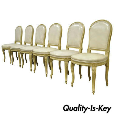 Set of 6 French Louis XV Style Carved &amp; Painted Cream Leather Dining Chairs