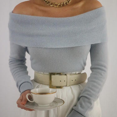 Vintage Pastel Blue Cashmere Off The Shoulder Sweater - Long Sleeve Ribbed Cold Shoulder Softest Sweater - S/M 