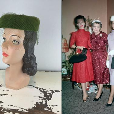 The Danbury Family Holiday Party - Vintage 1950s 1960s Fern Olive Green Rayon Velvet Pillbox Veil Hat 