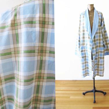Vintage 60s Plaid Robe OS - 1960s Blue Green Checkered Dressing Robe - K Mart Permanent Press - Light Weight Duster Lounge Robe 