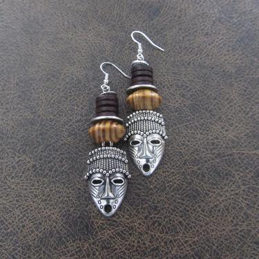 African mask earrings, tribal dangle earrings, wooden earrings, Afrocentric earrings, ethnic earrings, unique primitive earring, tiki silver 