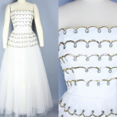 1950s Sequin &amp; Rhinestone Tulle Gown | Vintage 50s White Strapless Wedding Formal Dress | small 