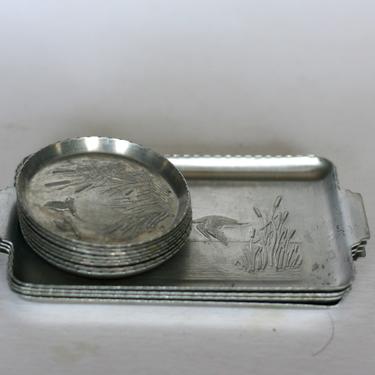vintage aluminum coasters/set of eight/four matching small trays/ducks cattails 