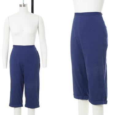Vintage 1950s 1960s Pedal Pushers | 50s 60s Navy Blue Cotton High Waisted Cropped Capri Pants (medium) 