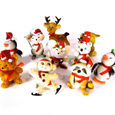 VINTAGE: 10 Old Distressed Plastic Flocked Animal Ornament - Rat Ornament - Deer Ornament - Made in Japan - SKU Tub-603-000069853 