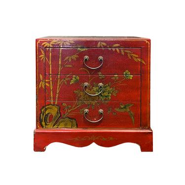 Chinese Red Vinyl Flower Birds 3 Drawers End Table Nightstand cs6199E 