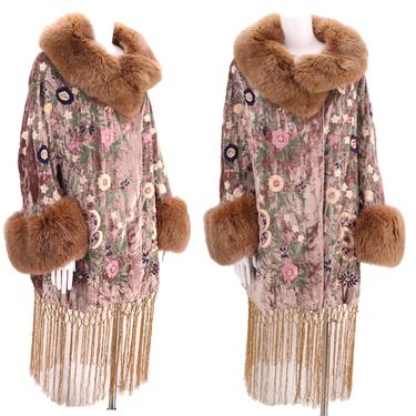 90s does 20s velvet piano shawl coat / Vintage Adrienne Landau fur trim 1920s style opera coat fringe cocoon duster L 