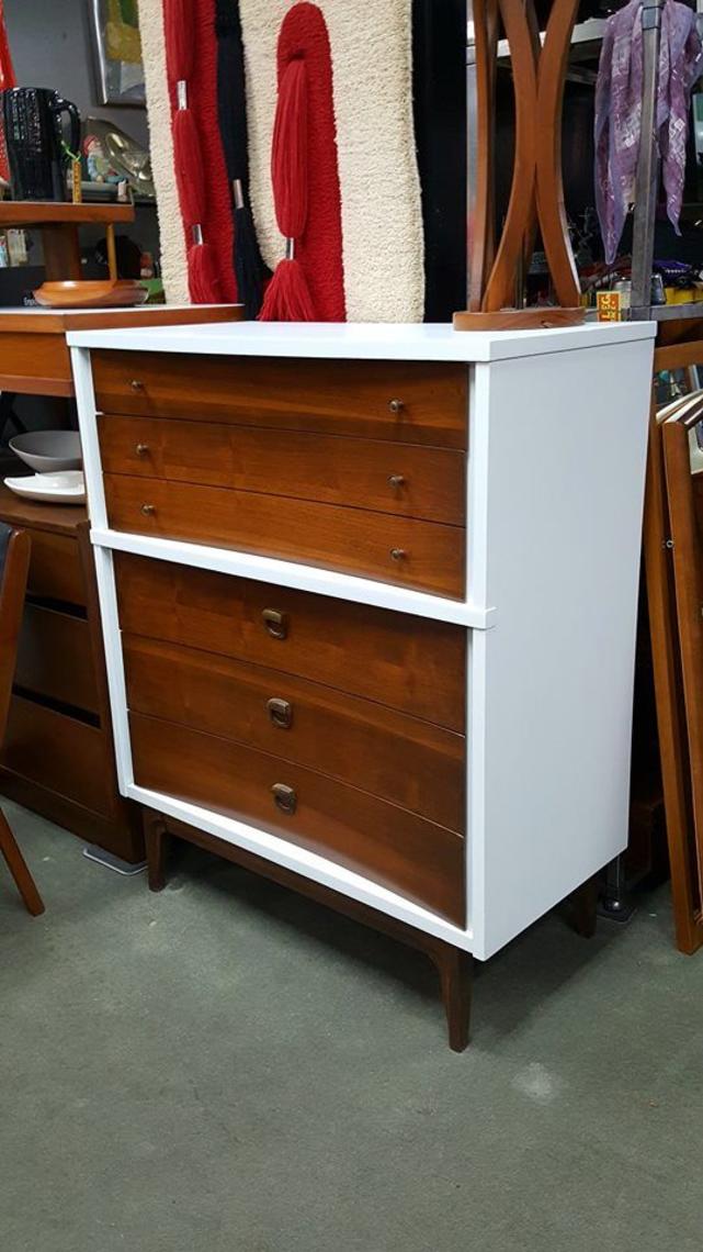 Mid Century Modern Painted White And Walnut Highboy Dresser With