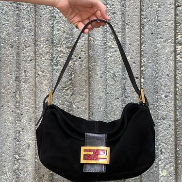 Vintage FENDI FF Monogram Buckle BAGUETTE Black Suede Leather Flap Purse Shoulder Bag w Red Glitter Enamel Clasp! 