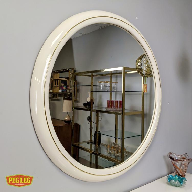 Post-Modern 80s era white lacquer and brass large round mirror