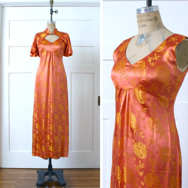 vintage 1970s goddess gown with matched wing sleeve bolero • peachy  melon & yellow gold asian brocade fabric • full length dress 