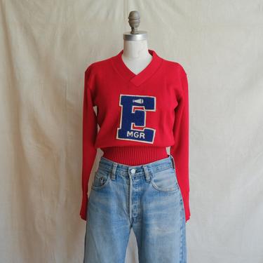 Vintage 40s E Letterman Sweater/ 1940s Worsted Wool Red and Blue Cheer V Neck Pullover/ Dehen/ Size Medium 