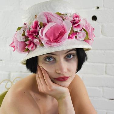 1960s White Floral Woven Bucket Hat | 60s White Pink Flower Hat | Marché Exclusive 