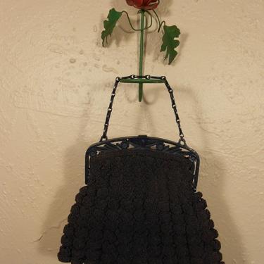 I Am Just Popping Off to the Shops - Vintage 1940s WW2 Navy Blue Rayon Popcorn Knitted Bag w/Celluloid Handle 
