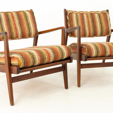 Jens Risom Danish Mid Century Upholstered Back Walnut Lounge Chairs - Pair - mcm 