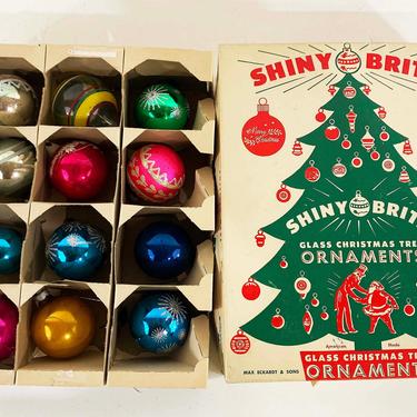 Vintage Christmas Ornaments Shiny Brite Mercury Glass Hand Painted 1950s Ornament Tree Decoration Xmas Mid-Century Iredescent Set of 12 Box 