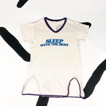80s Sleep With The Best Night Shirt / Sleep Shirt / 1980s / Large / Ringer / Dress / Sheer / Worn / Soft / See Through / Thrashed / Novelty 