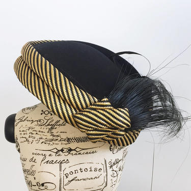 1920s inspired Great Gatsby Black & Gold hat/ Flapper feather hat/ Sonni San Francisco/ Lancaster/ 100% Wool/ 80s does 20s turban hat 