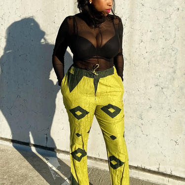 Vintage Printed Drawstring Green Trousers 