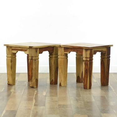 Pair Rustic Solid Acacia Wood Side Tables, Jaipur